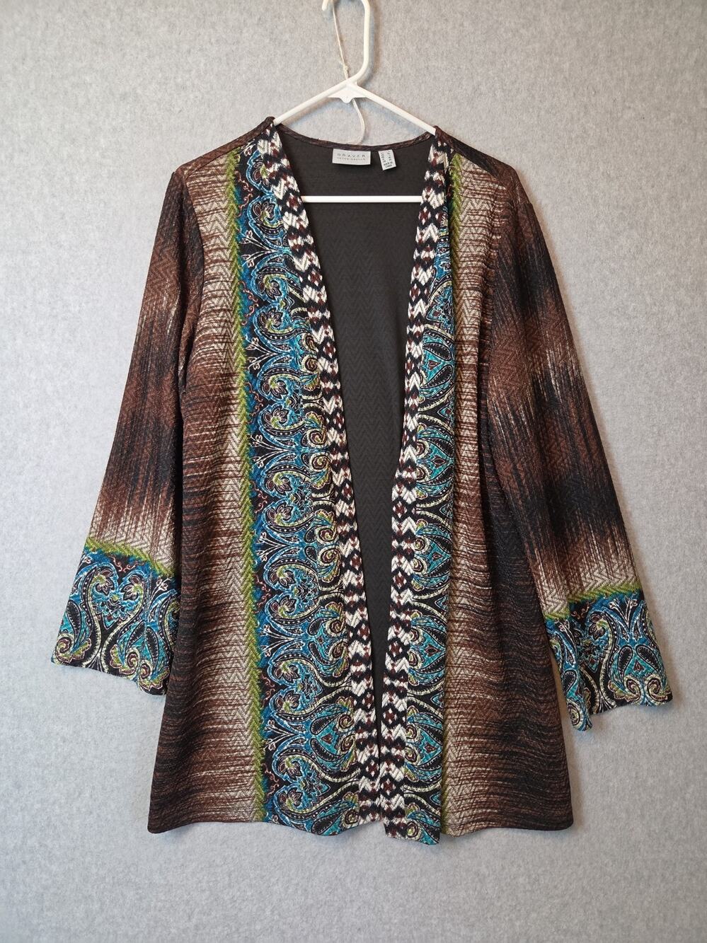 Susan Graver Multicolor Ikat Paisley LS Open Front Cardigan Women's L Stretch